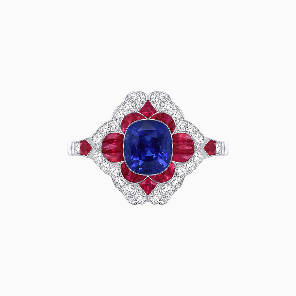 Vintage Floral Halo Ring Mounting with Cushion Cut Center Stone and Diamond Accents