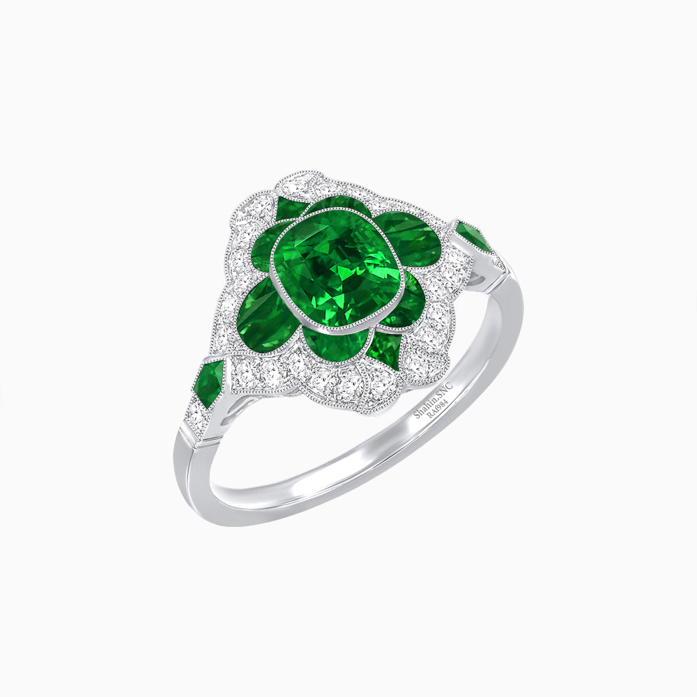 Vintage Floral Halo Ring Mounting with Cushion Cut Center Stone and Diamond Accents