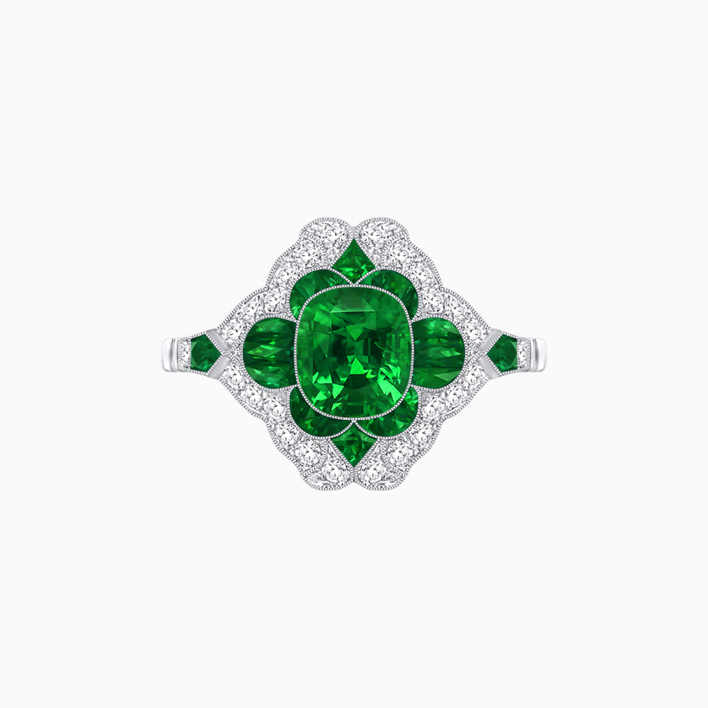 Vintage Floral Halo Ring Mounting with Cushion Cut Center Stone and Diamond Accents