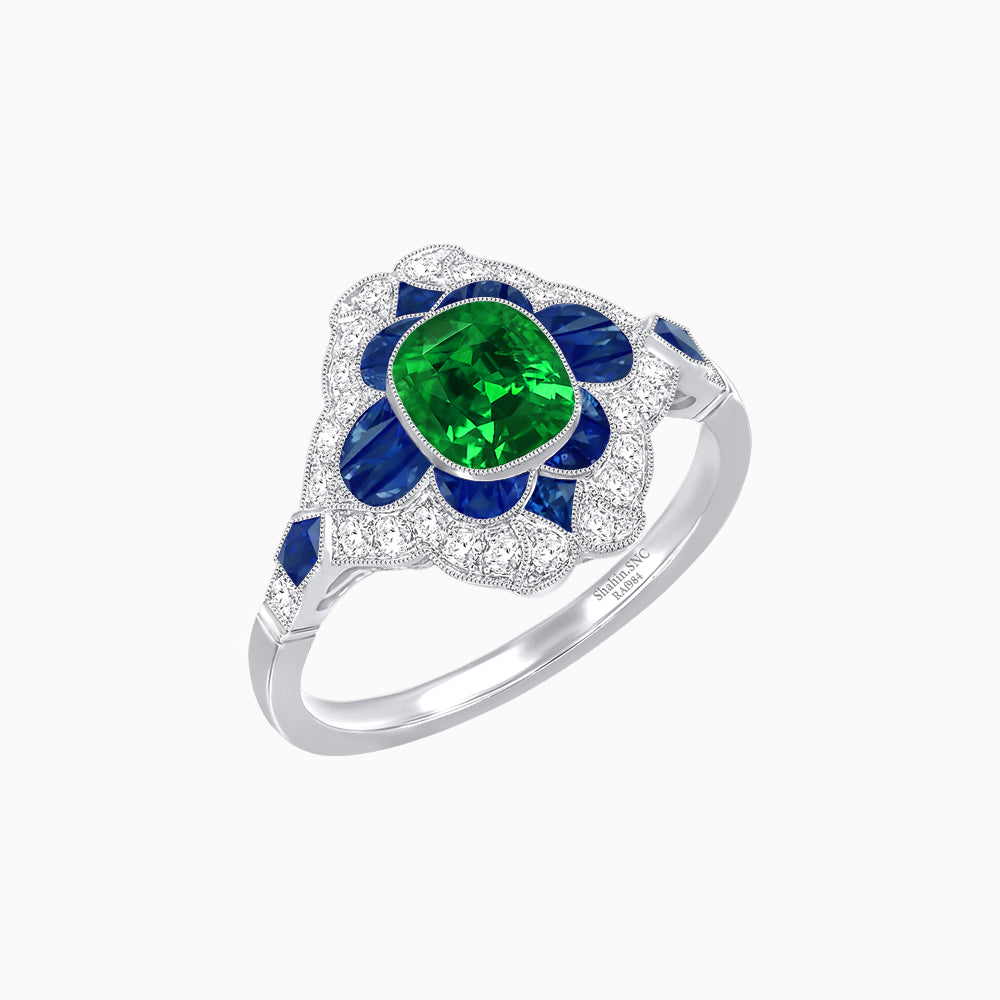 Vintage Floral Halo Ring Mounting with Cushion Cut Center Stone and Diamond Accents