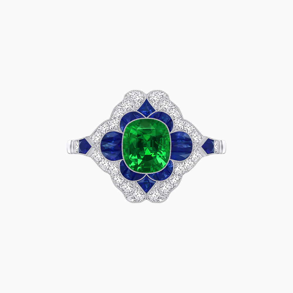 Vintage Floral Halo Ring Mounting with Cushion Cut Center Stone and Diamond Accents