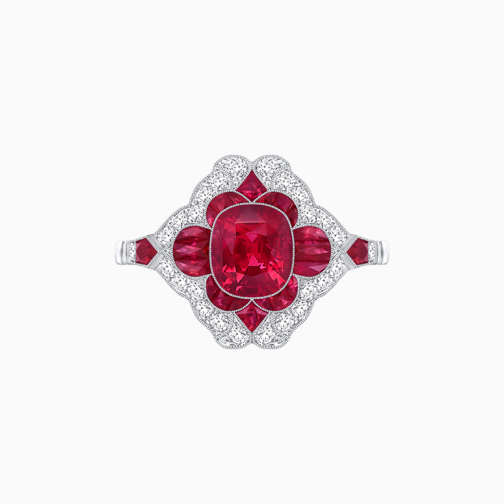 Vintage Floral Halo Ring Mounting with Cushion Cut Center Stone and Diamond Accents