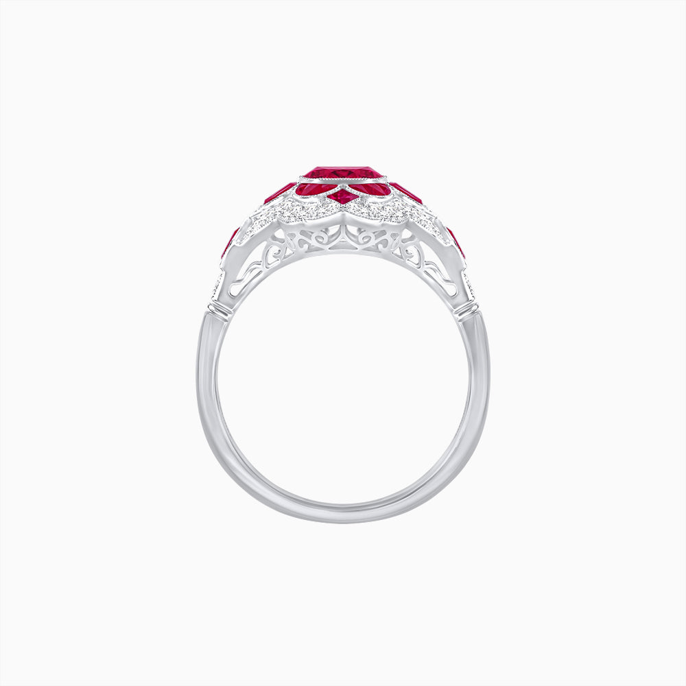 Vintage Floral Halo Ring Mounting with Cushion Cut Center Stone and Diamond Accents