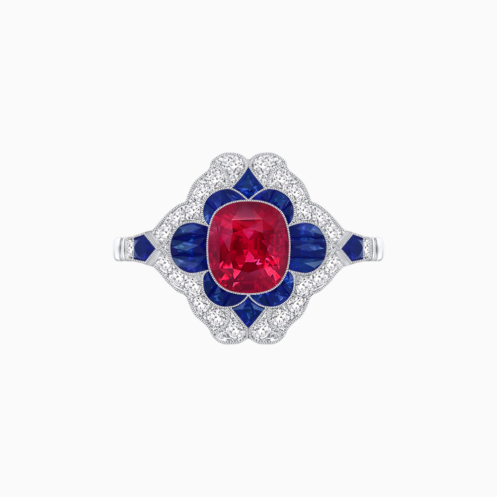 Vintage Floral Halo Ring Mounting with Cushion Cut Center Stone and Diamond Accents