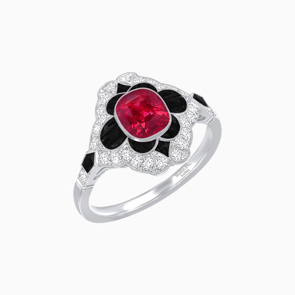Vintage Floral Halo Ring Mounting with Cushion Cut Center Stone and Diamond Accents