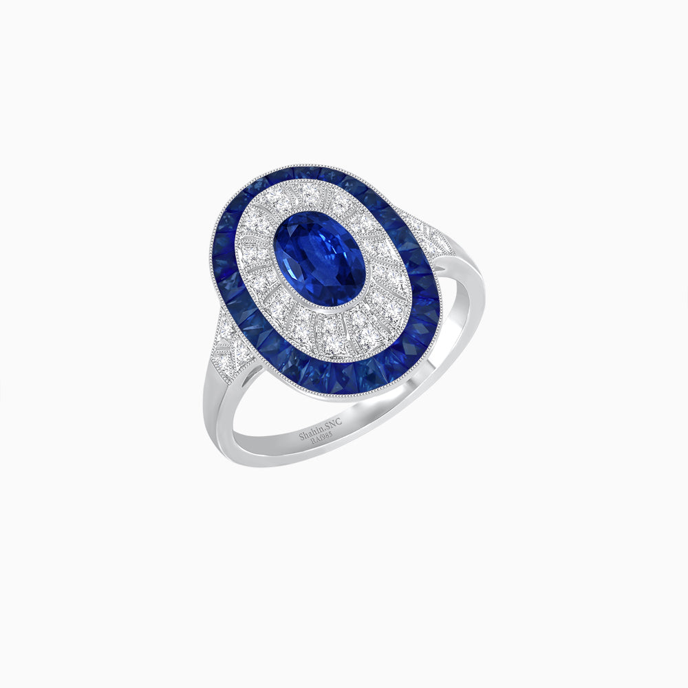 Art Deco Style Oval Ring with French-Cut Gemstone Halo and Diamond Accents