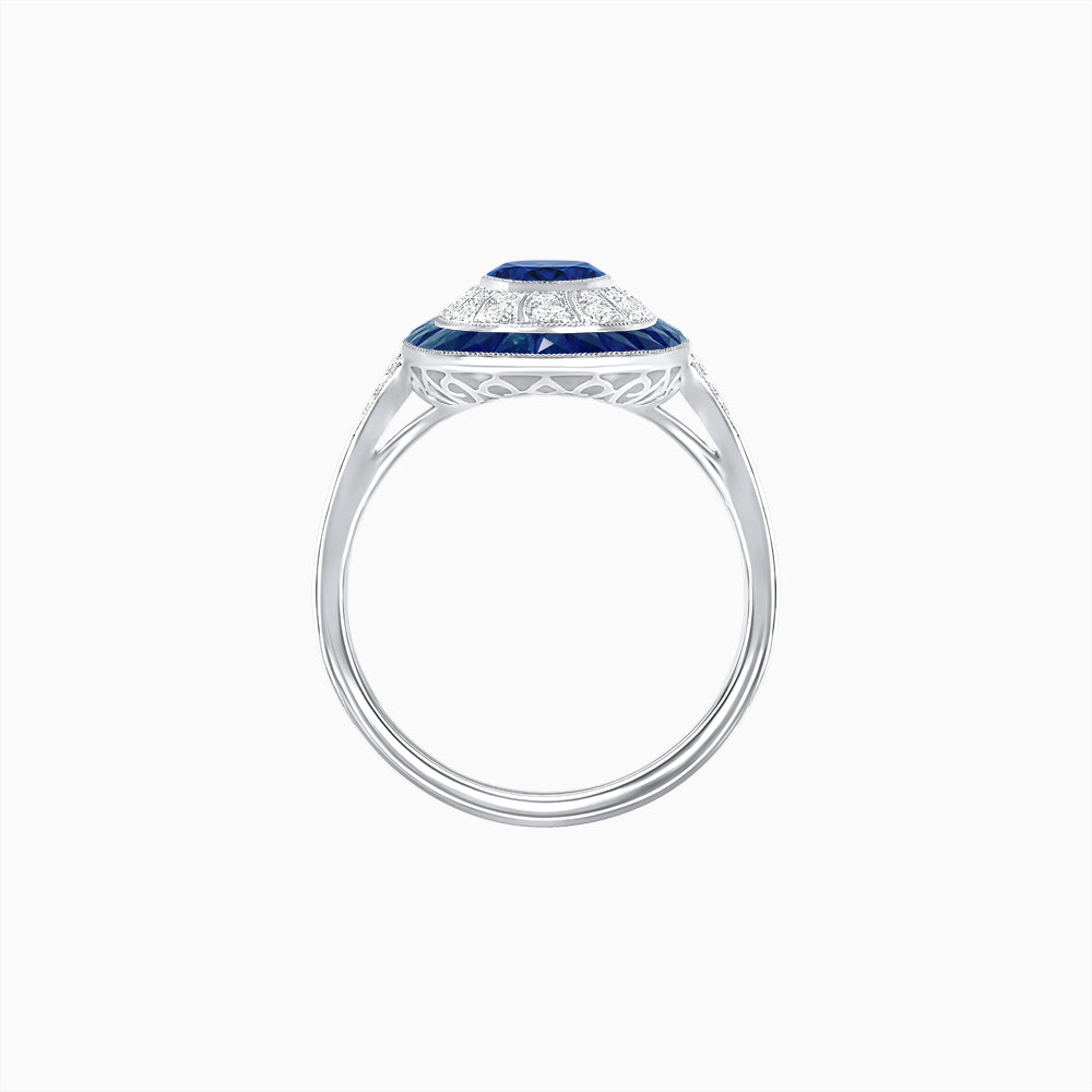 Art Deco Style Oval Ring with French-Cut Gemstone Halo and Diamond Accents