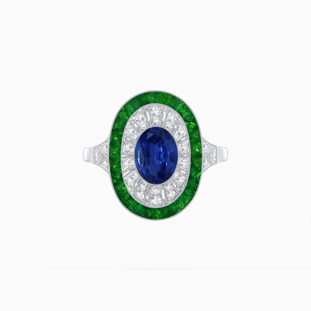 Art Deco Style Oval Ring with French-Cut Gemstone Halo and Diamond Accents