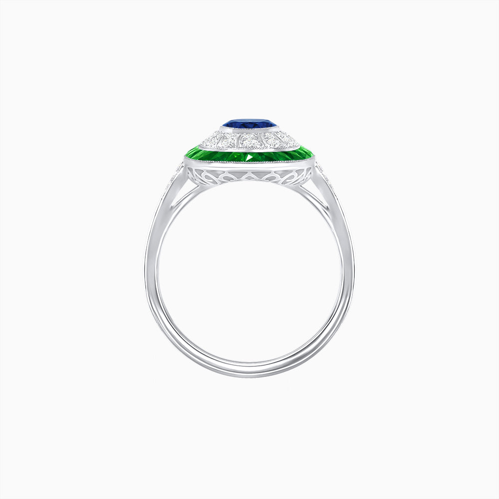 Art Deco Style Oval Ring with French-Cut Gemstone Halo and Diamond Accents