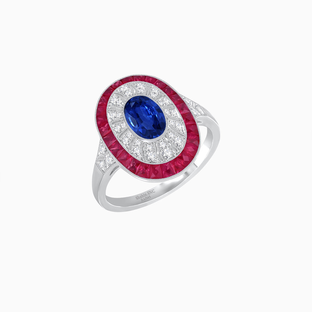 Art Deco Style Oval Ring with French-Cut Gemstone Halo and Diamond Accents