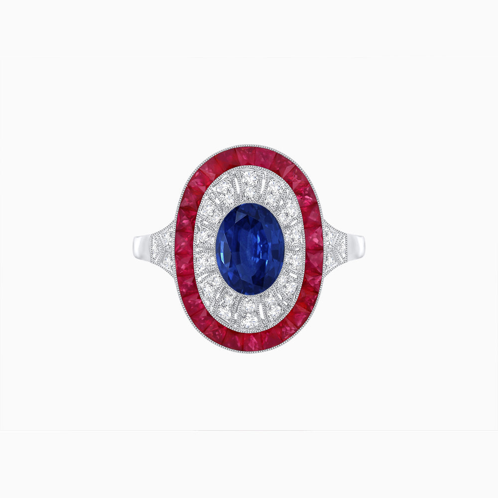 Art Deco Style Oval Ring with French-Cut Gemstone Halo and Diamond Accents