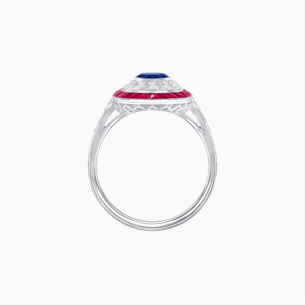Art Deco Style Oval Ring with French-Cut Gemstone Halo and Diamond Accents