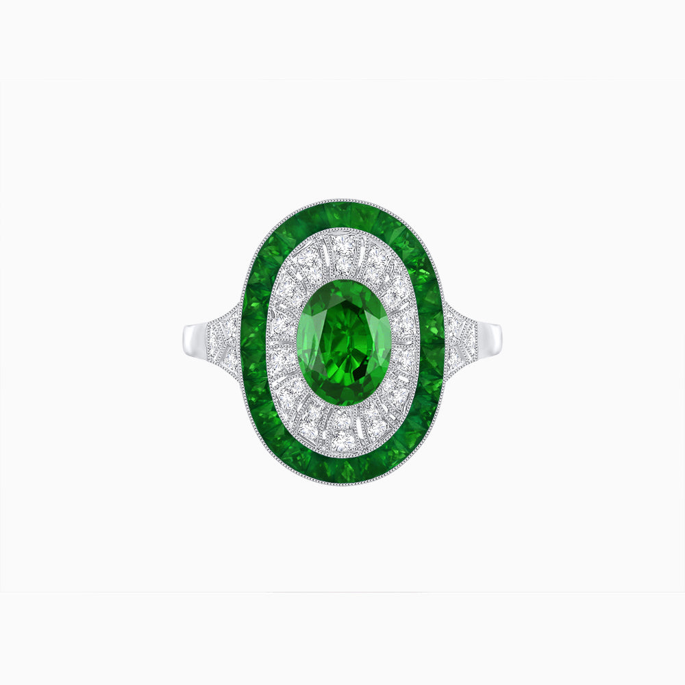 Art Deco Style Oval Ring with French-Cut Gemstone Halo and Diamond Accents