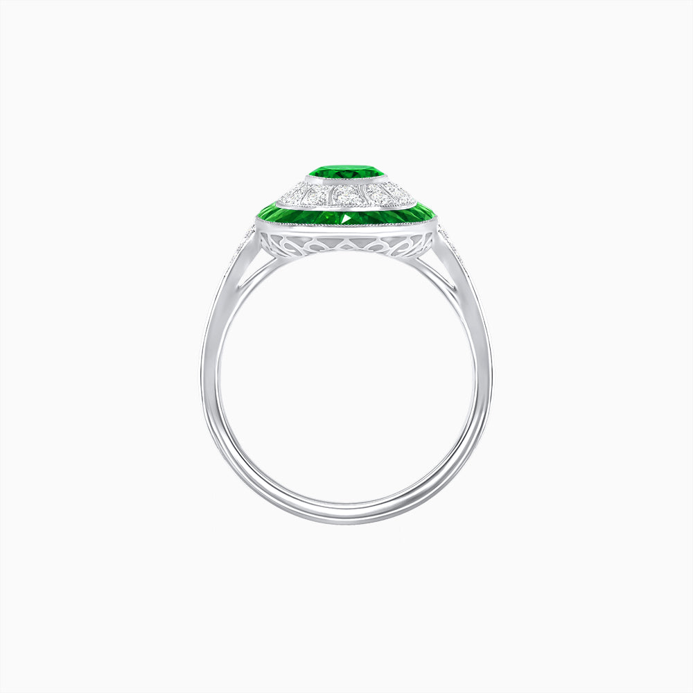 Art Deco Style Oval Ring with French-Cut Gemstone Halo and Diamond Accents