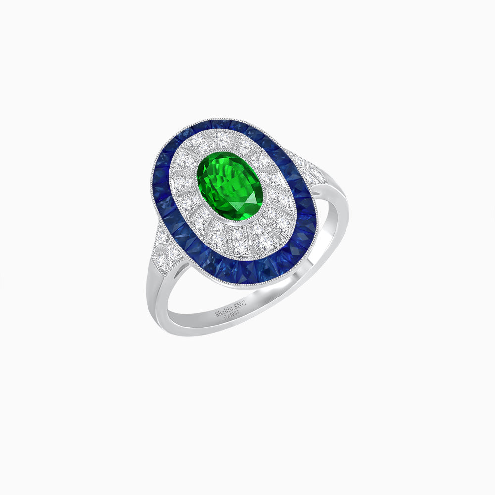 Art Deco Style Oval Ring with French-Cut Gemstone Halo and Diamond Accents