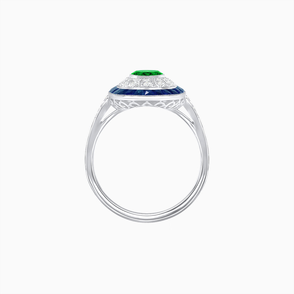 Art Deco Style Oval Ring with French-Cut Gemstone Halo and Diamond Accents