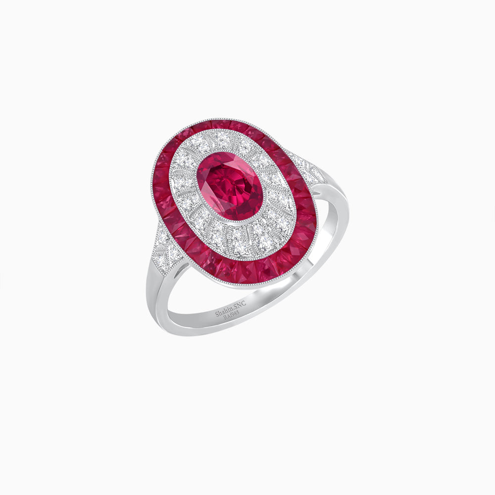 Art Deco Style Oval Ring with French-Cut Gemstone Halo and Diamond Accents