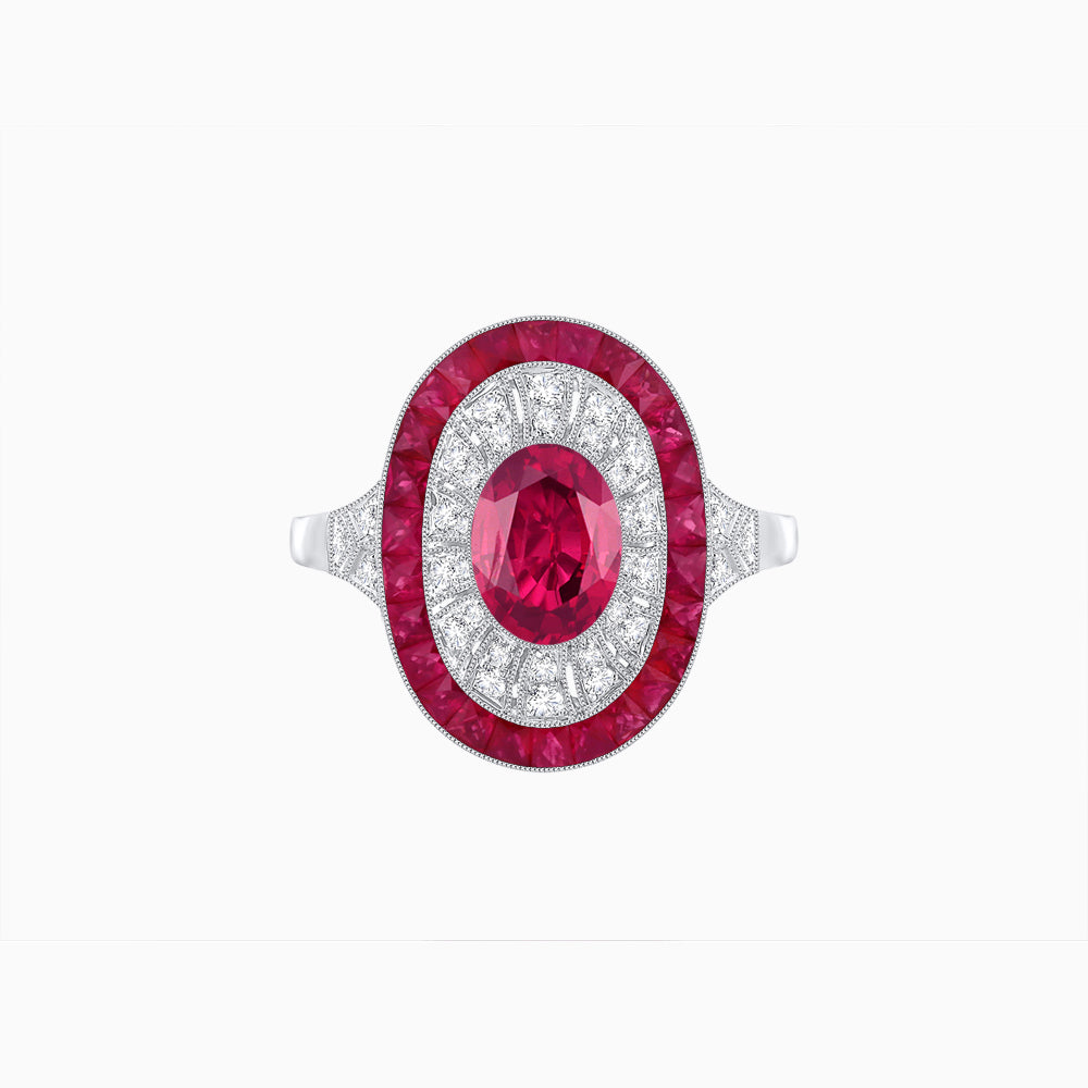 Art Deco Style Oval Ring with French-Cut Gemstone Halo and Diamond Accents