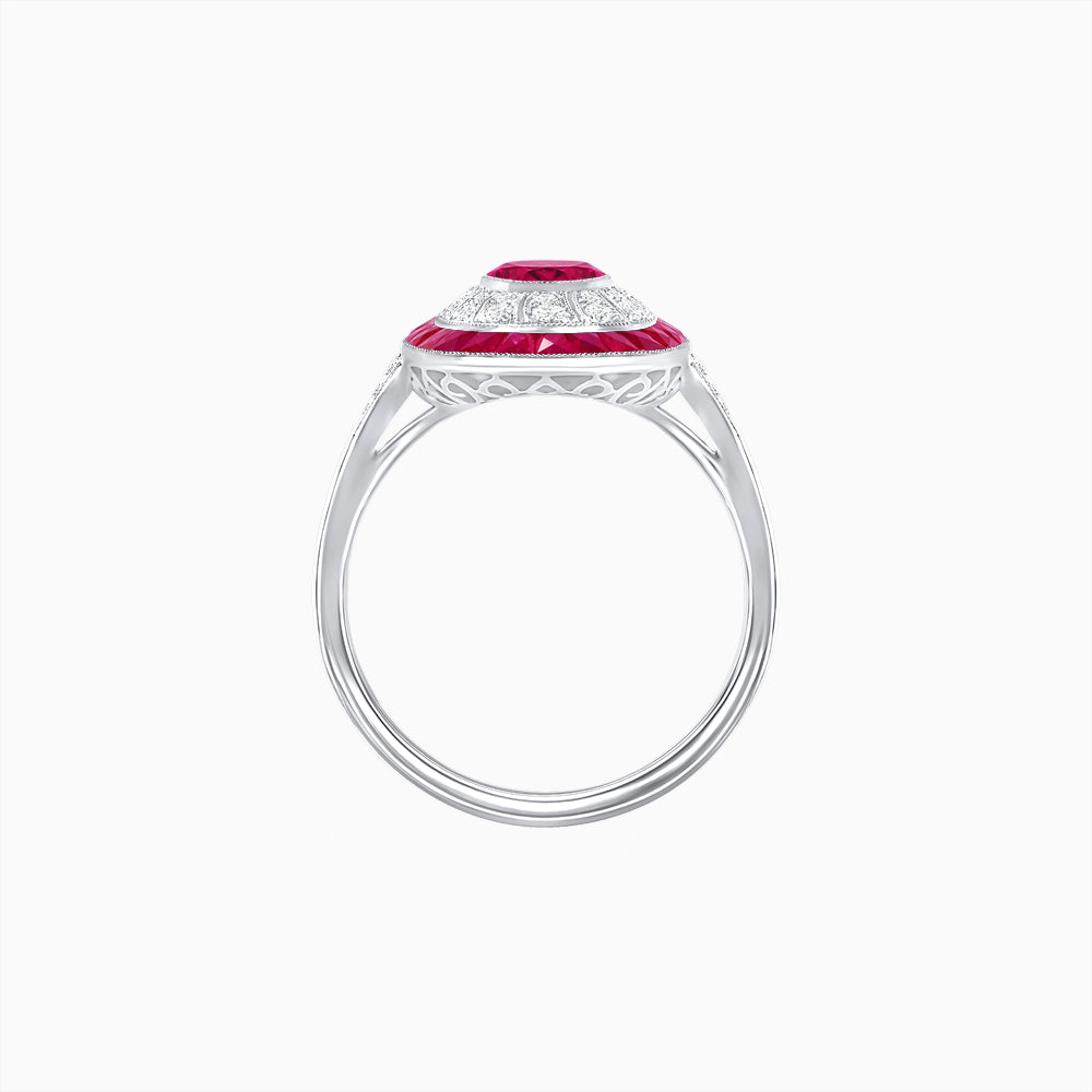 Art Deco Style Oval Ring with French-Cut Gemstone Halo and Diamond Accents