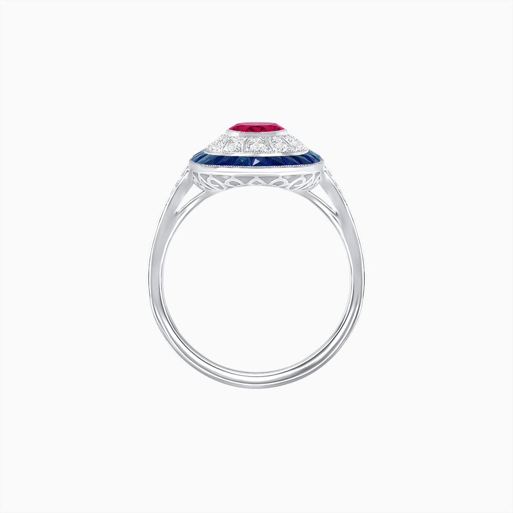 Art Deco Style Oval Ring with French-Cut Gemstone Halo and Diamond Accents