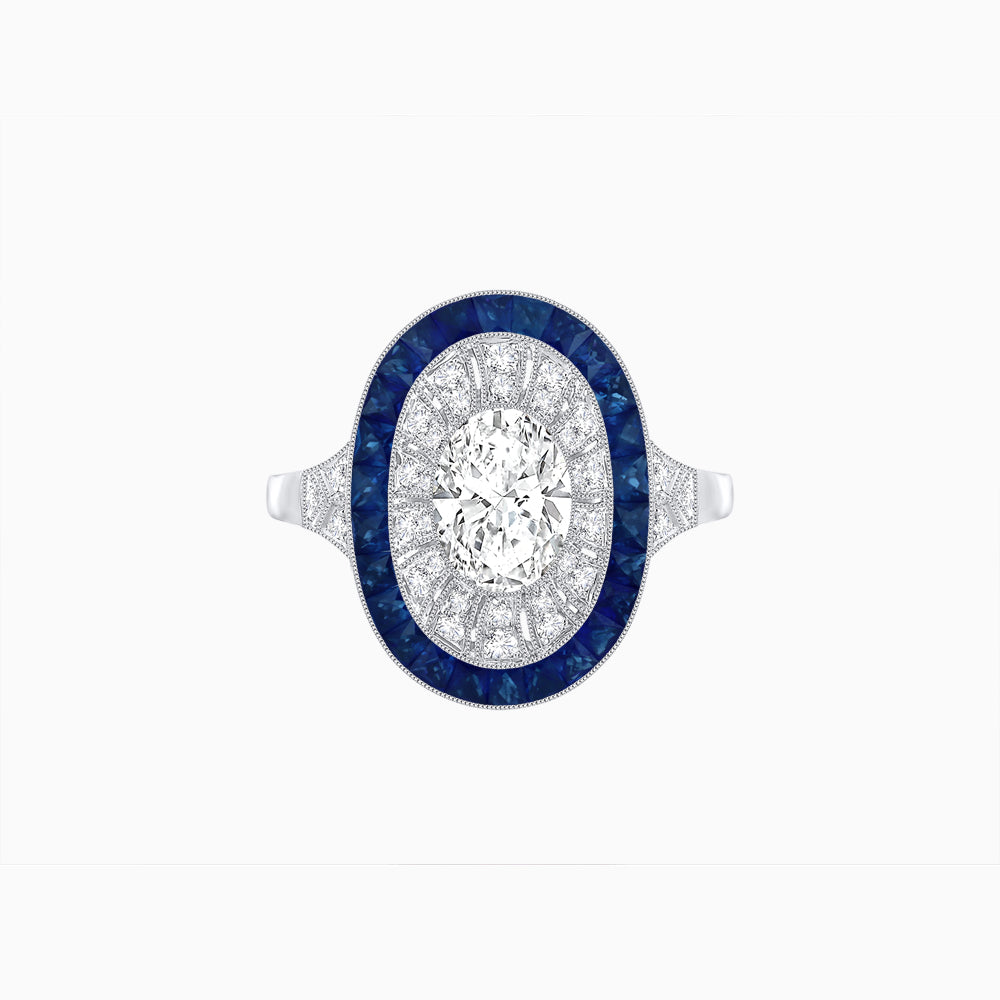 Art Deco Style Oval Ring with French-Cut Gemstone Halo and Diamond Accents