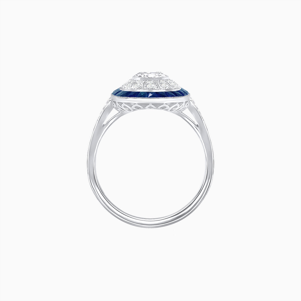 Art Deco Style Oval Ring with French-Cut Gemstone Halo and Diamond Accents