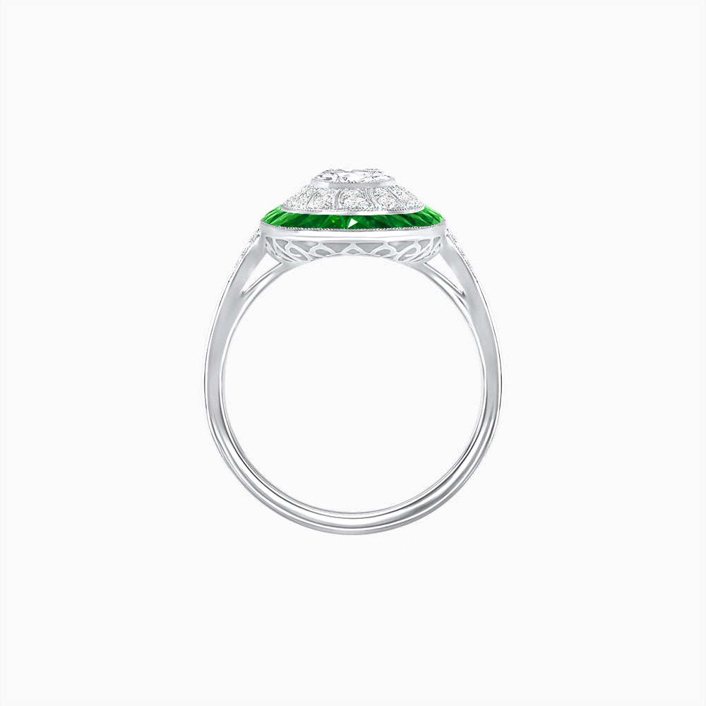 Art Deco Style Oval Ring with French-Cut Gemstone Halo and Diamond Accents