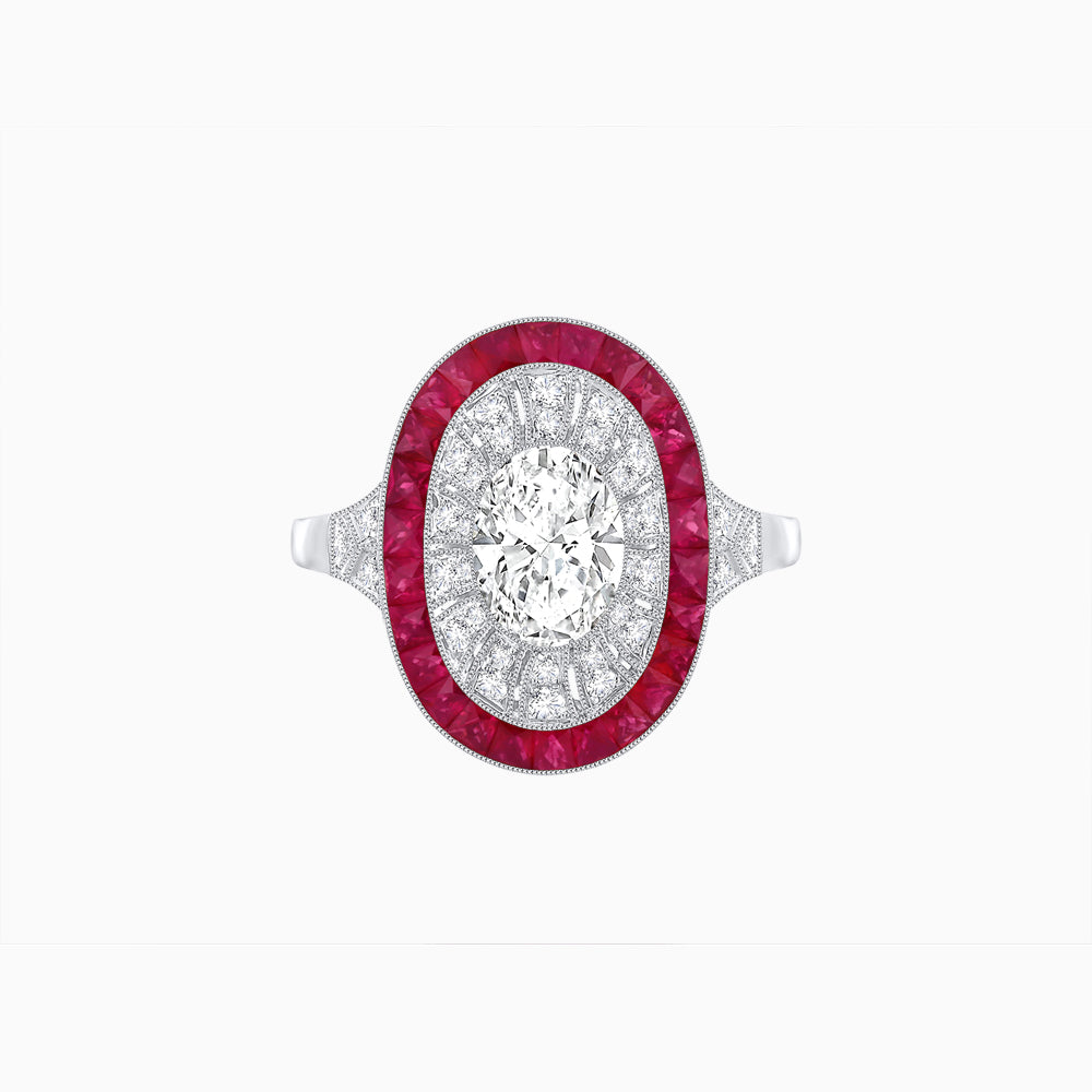 Art Deco Style Oval Ring with French-Cut Gemstone Halo and Diamond Accents