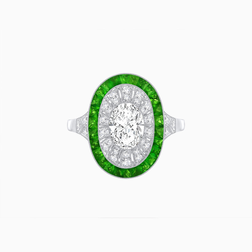 Art Deco Style Oval Ring with French-Cut Gemstone Halo and Diamond Accents