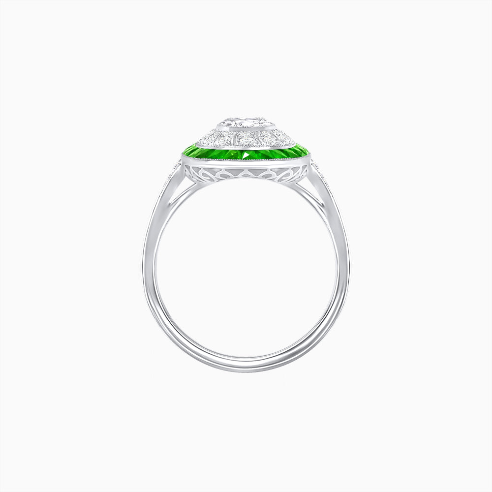 Art Deco Style Oval Ring with French-Cut Gemstone Halo and Diamond Accents