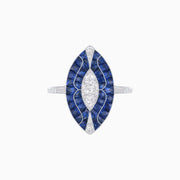 Art Deco Marquise Illusion Center Ring with Blue Sapphires and Diamonds in 18K White Gold