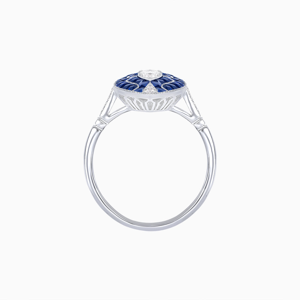 Art Deco Marquise Illusion Center Ring with Blue Sapphires and Diamonds in 18K White Gold