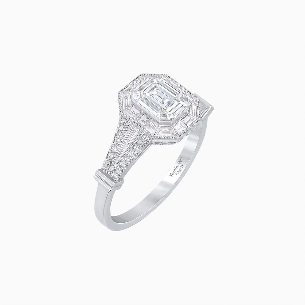 Emerald Cut Halo Mounting Ring with Baguette & Round Diamonds