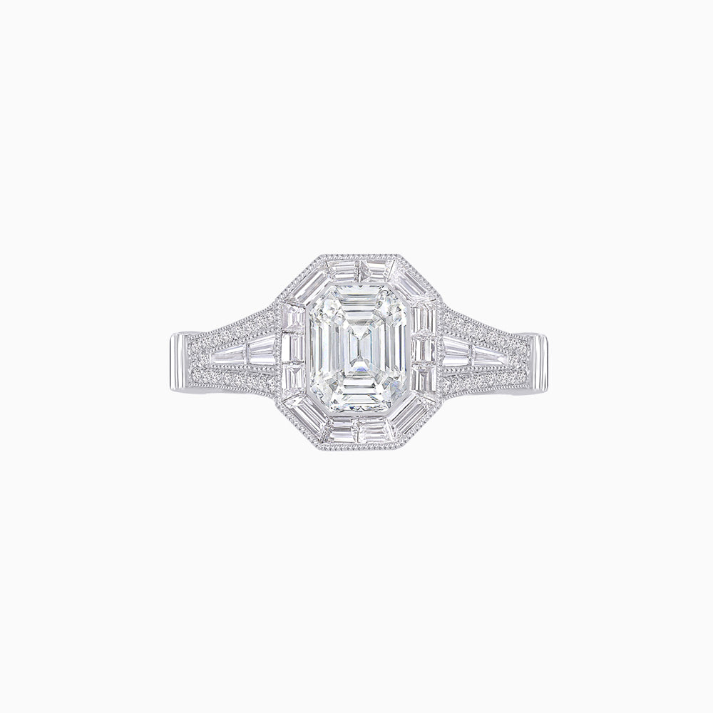 Emerald Cut Halo Mounting Ring with Baguette & Round Diamonds