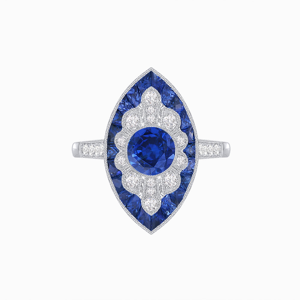 Art Deco-Inspired Marquise Halo Ring with Scalloped Diamond Motif Custom Center Stone | Sculptural Elegance | Vintage-Inspired Craftsmanship