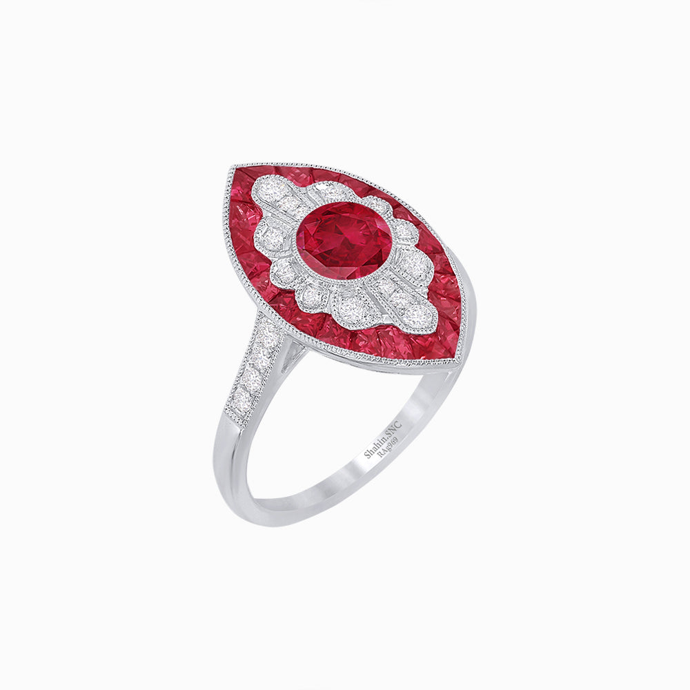 Art Deco-Inspired Marquise Halo Ring with Scalloped Diamond Motif Custom Center Stone | Sculptural Elegance | Vintage-Inspired Craftsmanship