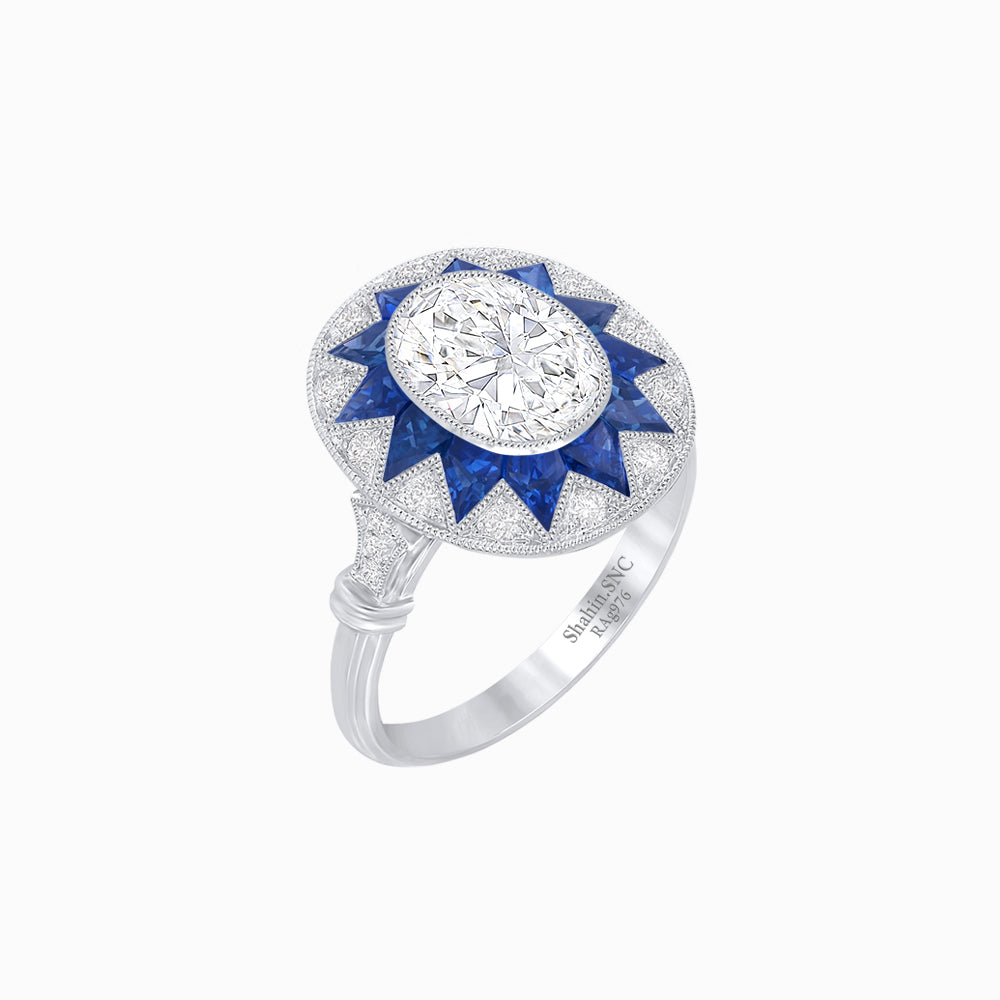 Art Deco Inspired Oval Starburst Calibré-Cut Halo Ring