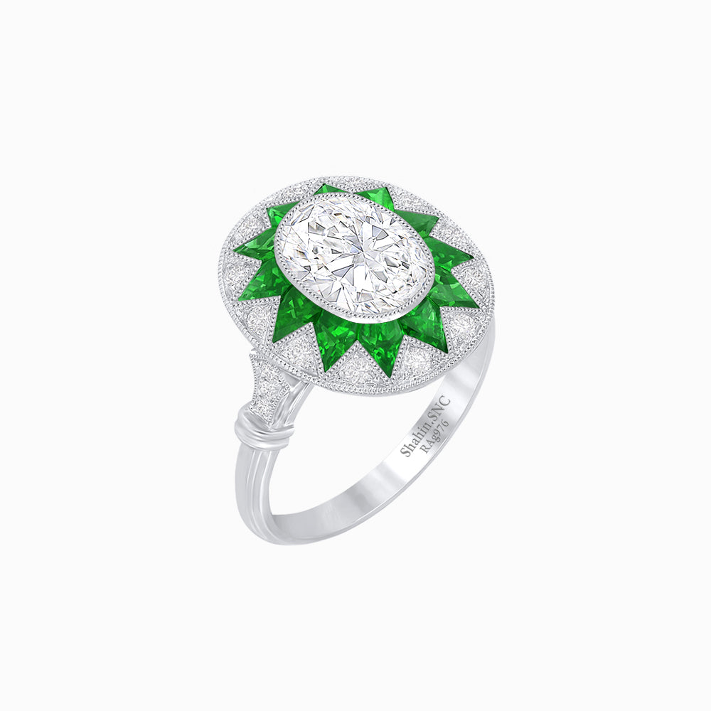 Art Deco Inspired Oval Starburst Calibré-Cut Halo Ring