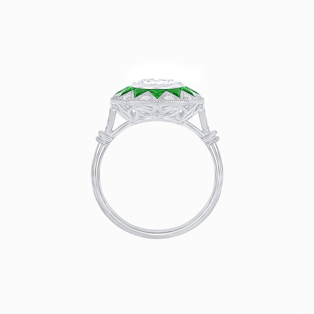 Art Deco Inspired Oval Starburst Calibré-Cut Halo Ring