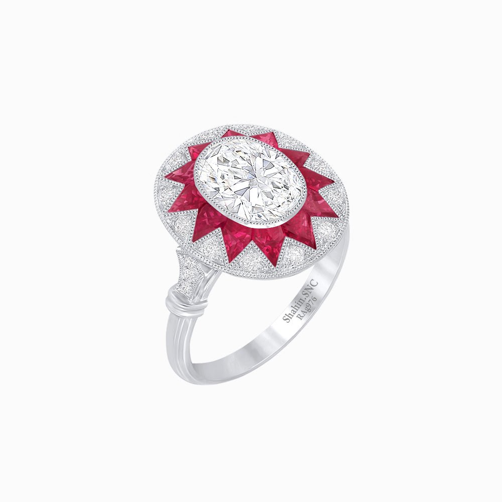 Art Deco Inspired Oval Starburst Calibré-Cut Halo Ring