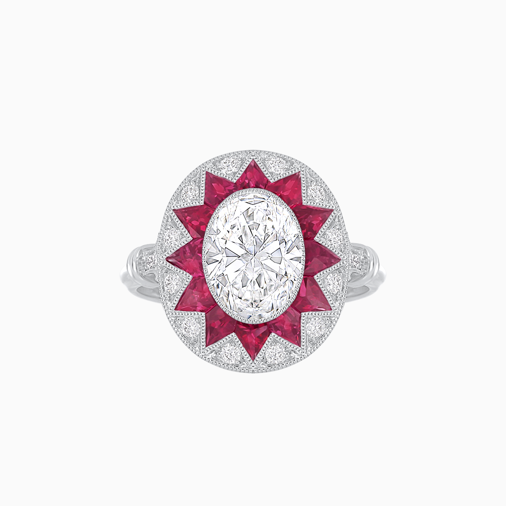 Art Deco Inspired Oval Starburst Calibré-Cut Halo Ring