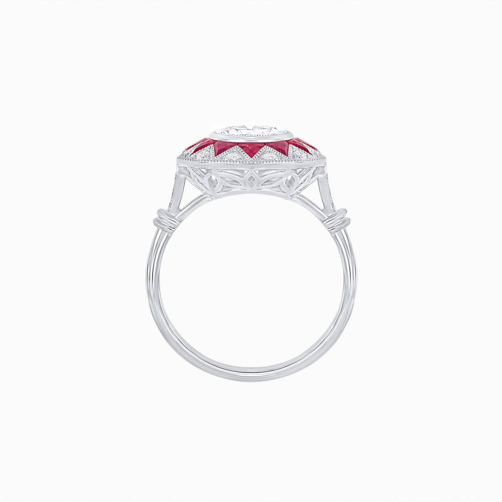 Art Deco Inspired Oval Starburst Calibré-Cut Halo Ring