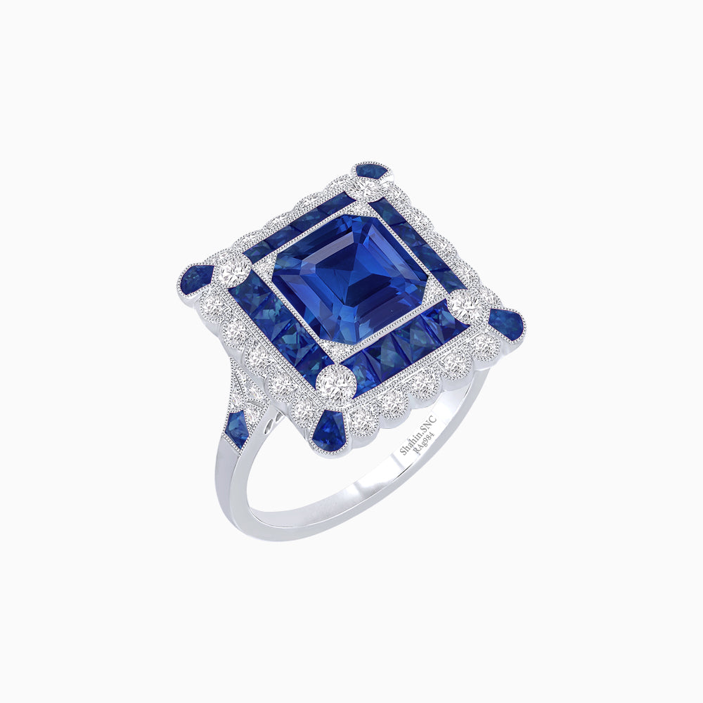 Art Deco Style Double Halo Asscher Cut Ring with Customizable French-Cut Gemstone (Mounting)