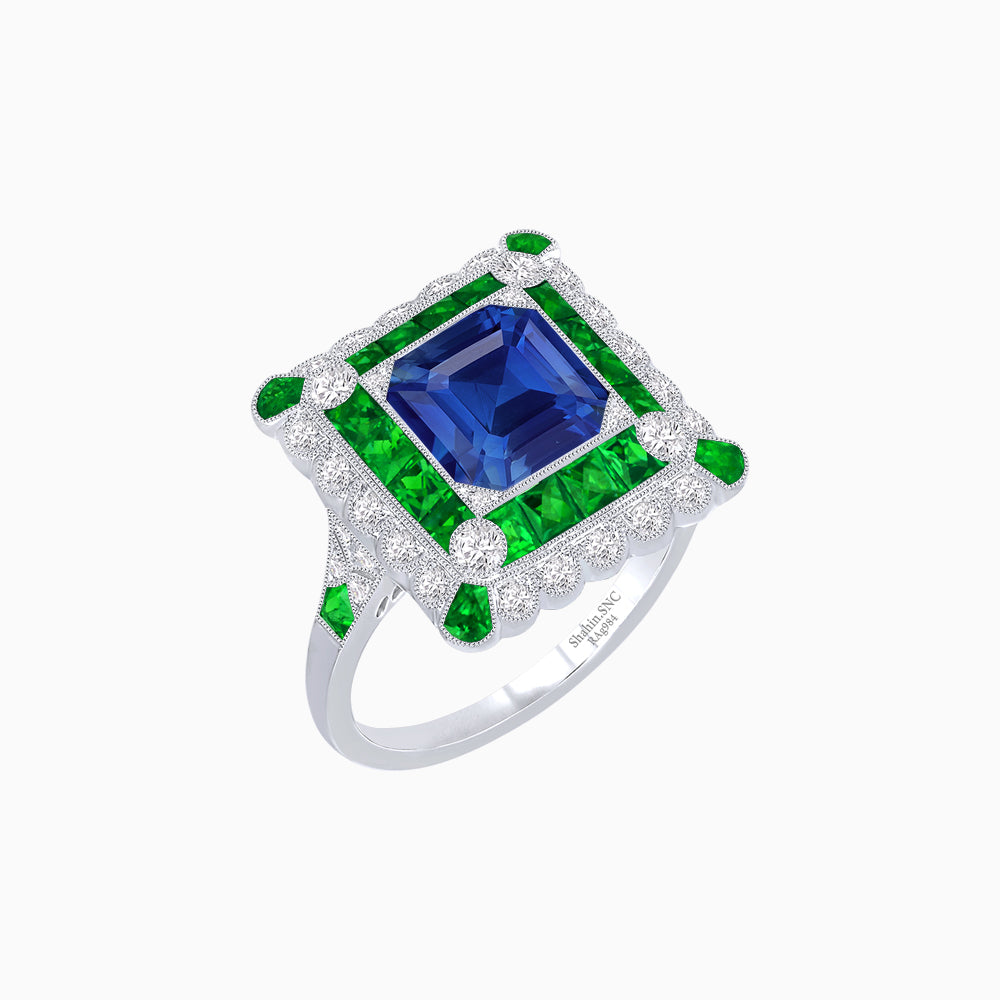 Art Deco Style Double Halo Asscher Cut Ring with Customizable French-Cut Gemstone (Mounting)