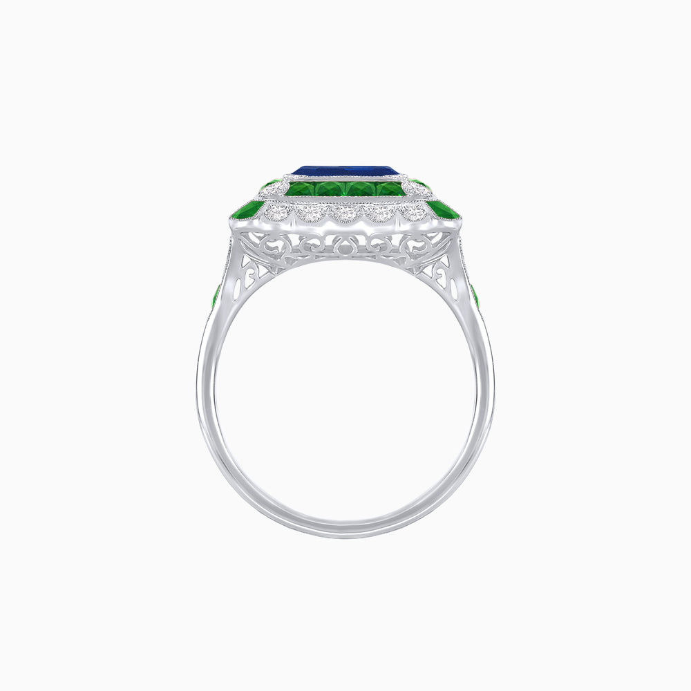 Art Deco Style Double Halo Asscher Cut Ring with Customizable French-Cut Gemstone (Mounting)