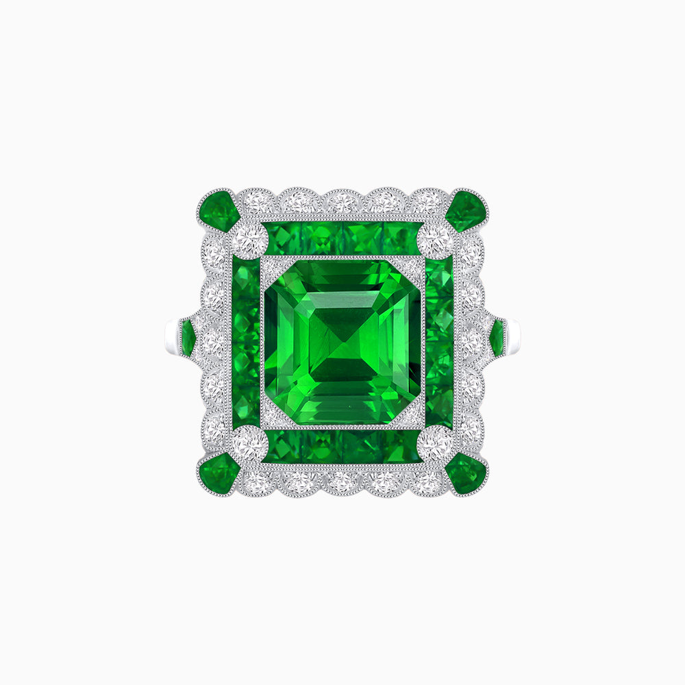 Art Deco Style Double Halo Asscher Cut Ring with Customizable French-Cut Gemstone (Mounting)