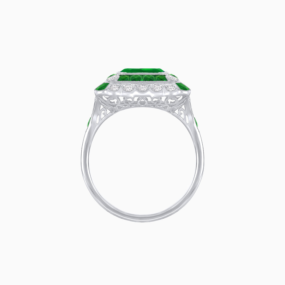 Art Deco Style Double Halo Asscher Cut Ring with Customizable French-Cut Gemstone (Mounting)