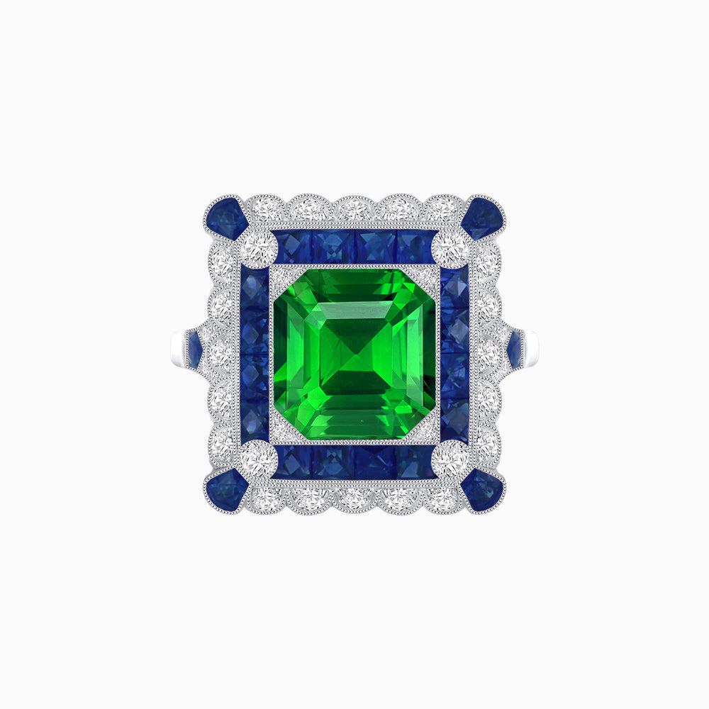 Art Deco Style Double Halo Asscher Cut Ring with Customizable French-Cut Gemstone (Mounting)