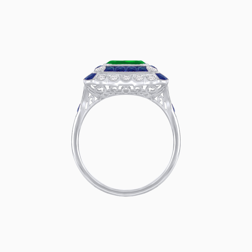 Art Deco Style Double Halo Asscher Cut Ring with Customizable French-Cut Gemstone (Mounting)
