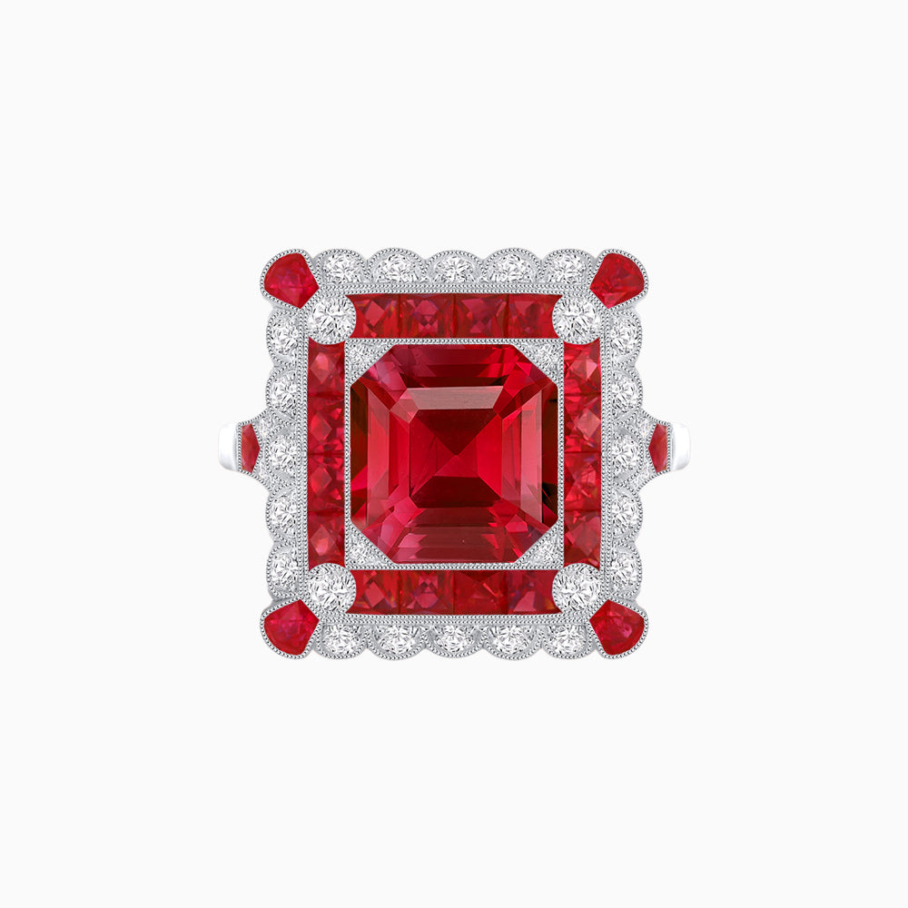 Art Deco Style Double Halo Asscher Cut Ring with Customizable French-Cut Gemstone (Mounting)